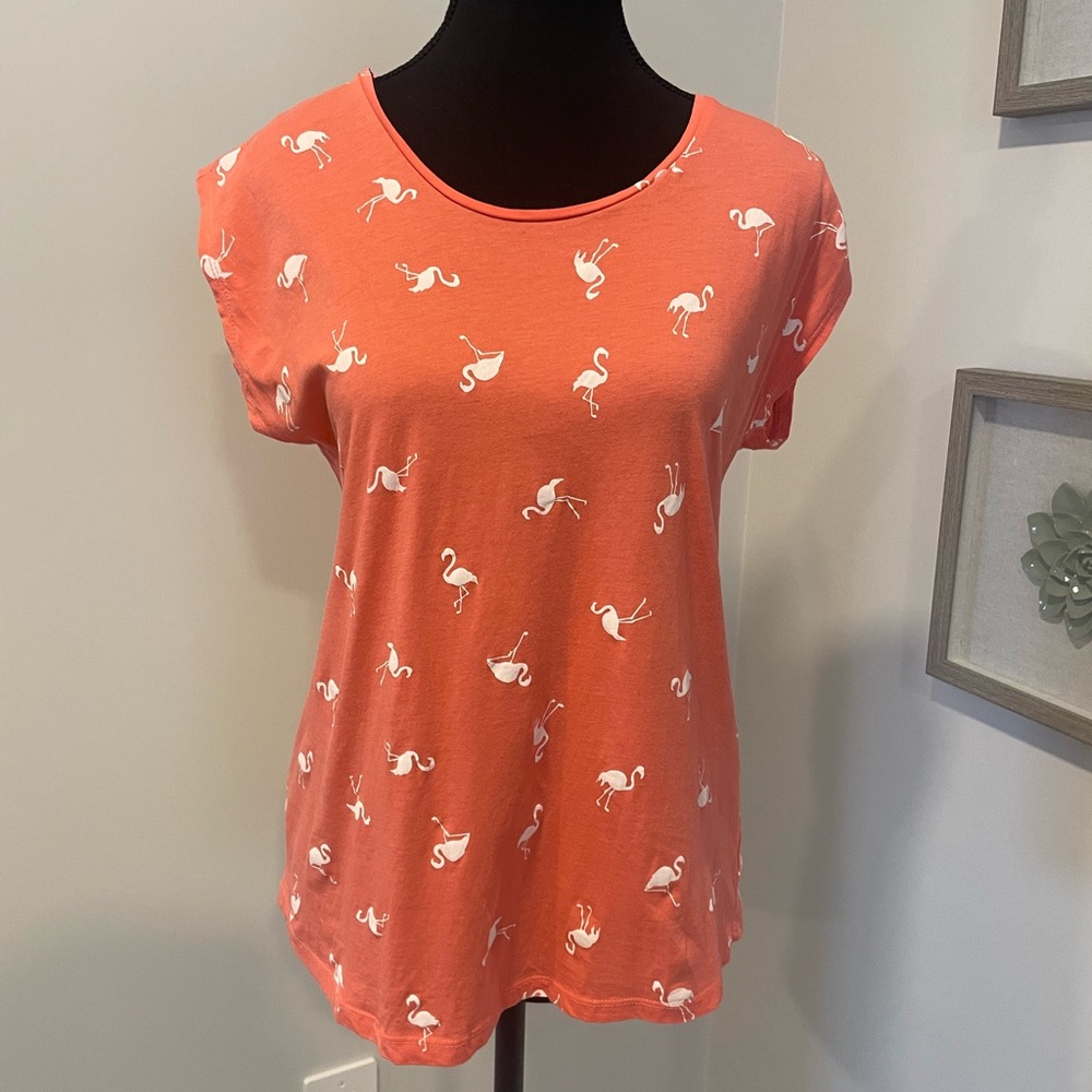 Never Worn! Mango Flamingo 🦩 Print Coral Cotton Tee Shirt